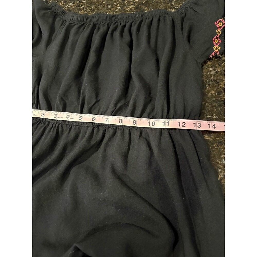 FEATHERS Dress Womens M Black Off Shoulder Peasant Boho Embroidered Short - Picture 11 of 12